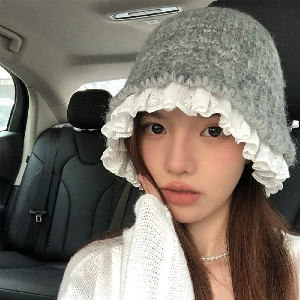 Lace Trim Knitted Fisherman Hat Yarn Beanie Hat Retro Women Bucket Hat  Girl