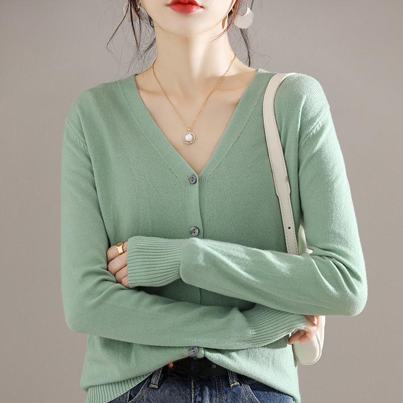 Chic Casual V-Neck Cardigan - Comfortable Micro-Elastic Knitwear, Versatile Solid Color with Button-Up Design for Spring/Fall Women's Fashion