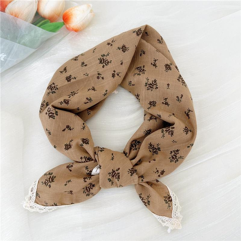 Cotton Linen Lace Edge Square Scarves 60cm Kerchief Neckerchief Bandanas Women Casual Neck Scarf Plaid Print Geometric Pattern