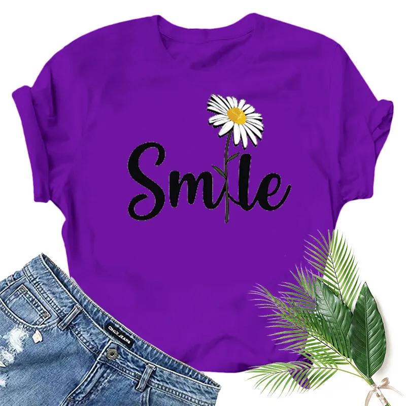 Women T Shirt Smile Daisy Print Tshirt Women Short Sleeve O Neck Loose T-shirt Ladies Summer Causal Tee Shirt Clothes