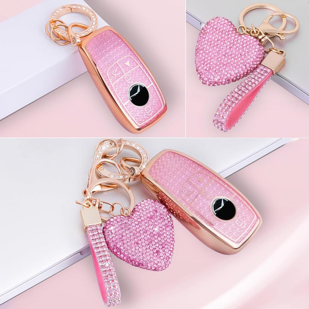 For Mercedes Benz Key Fob Cover with Diamond Bling Keychain, Car Accessories Key Shell Full Protection for - A-Class C-Class G-Class 2017- E-Class