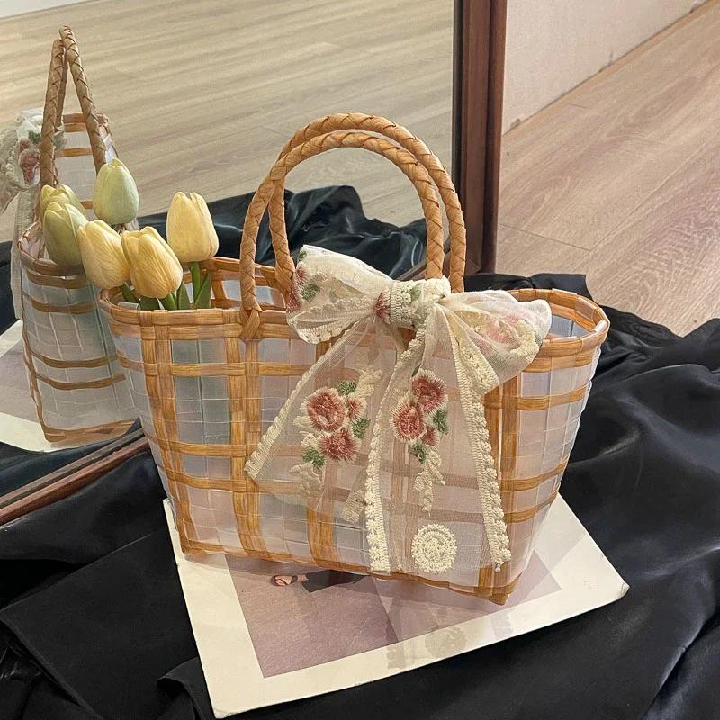 Large capacity picnic bag for ladies  two-tone fabric  embroidered bow  casual PVC bag  women's bags