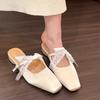 Fashion Bow Women Heeled Slippers Lace Square Toe Mules Shoes Sandals Designer 2025 Fad Elegant Flip Flops Summer Dress Sandalias Mujer