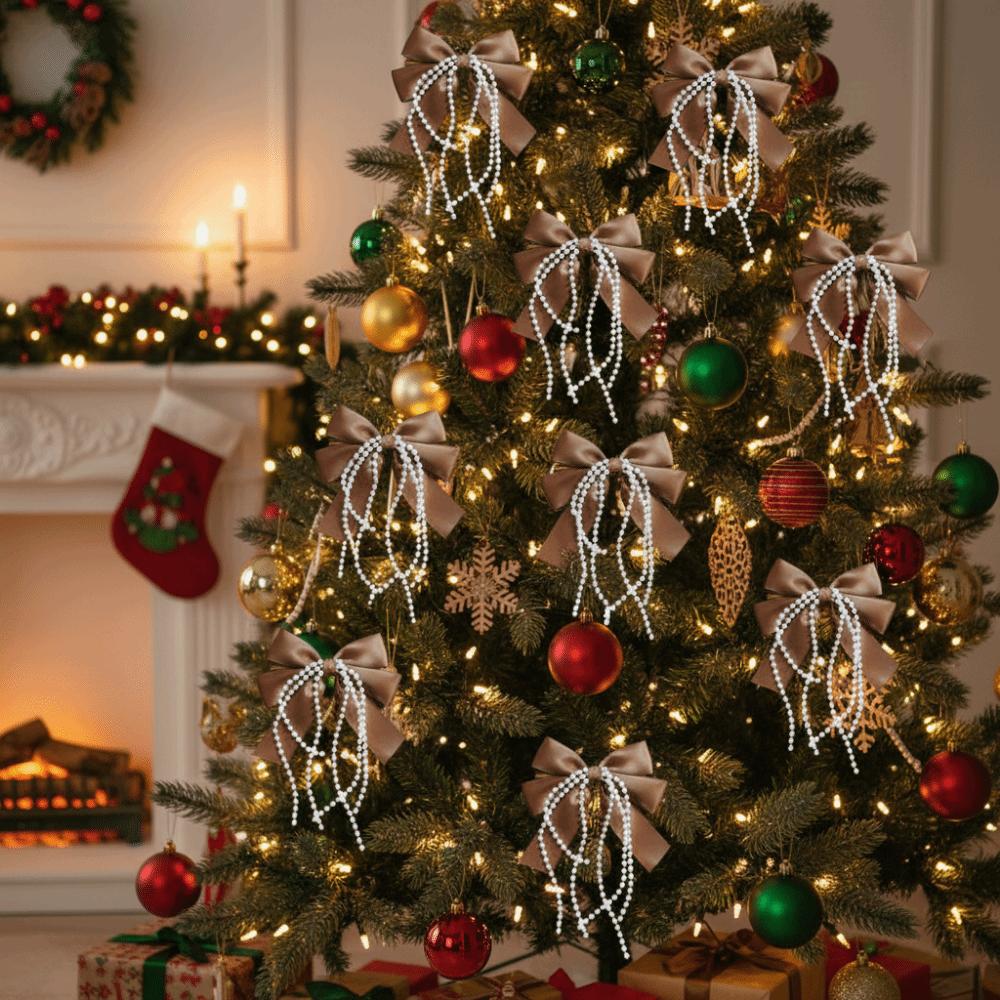 12Pcs/Set Creative Christmas Bow Decoration Ribbon Elegant Christmas Tree Topper Handmade DIY Bowknot Pearl Hanging Pendant