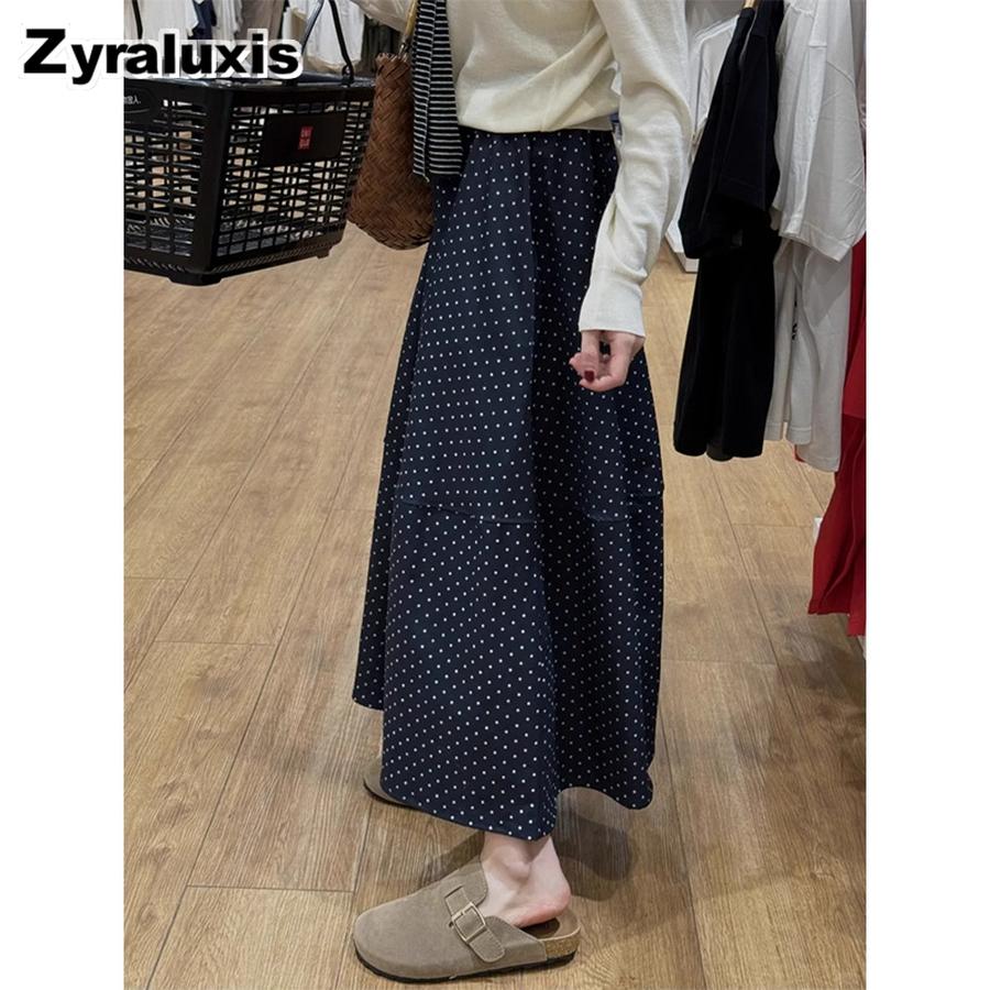 Navy Blue Polka Dot A-Line Midi Skirt for Plus Size Women, High Waist Patchwork Tapering Skirt S циан