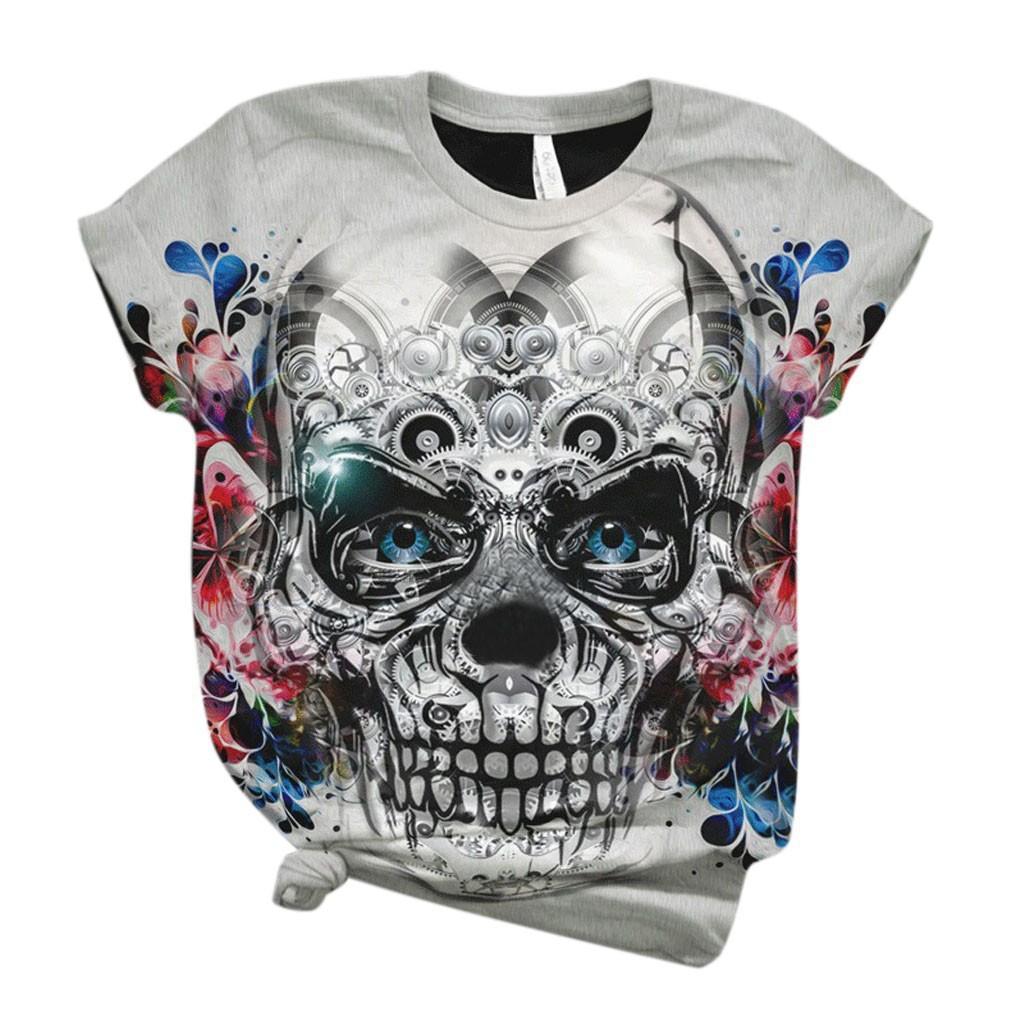 Summer Round Neck 3D Skull Print Top Fashionable Casual Short Sleeved Women's T-shirts