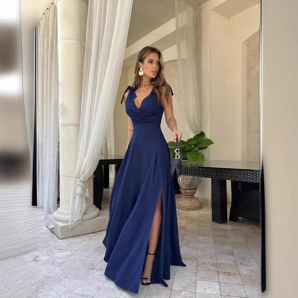 European and American Women's Clothing European and American Summer Solid Color Extended Evening Dress Dress