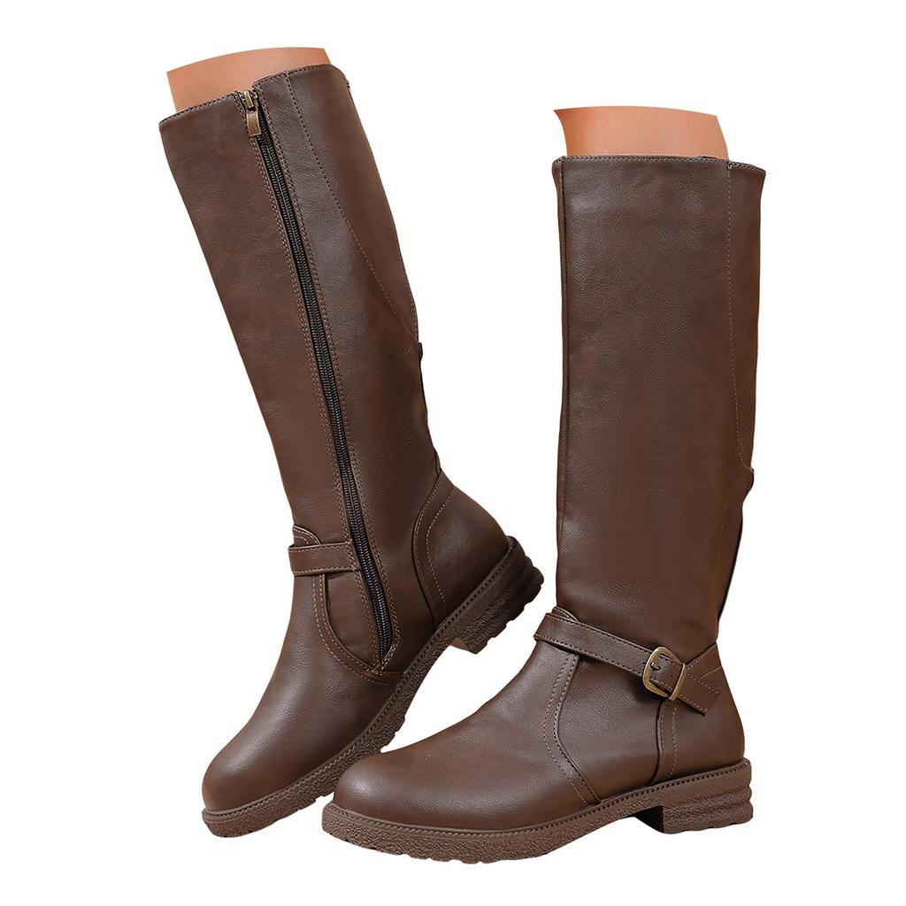 Women's Fashion Casual Retro Belt Side Zipper High Top Mid Calm Boots Glitter Rain Boots for Women Mid Calf