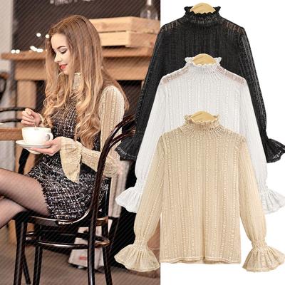 High-neck French Lace Base Shirt Autumn and Winter Large Size Loose Stretch Long Sleeve Mesh Inner Ladies Top