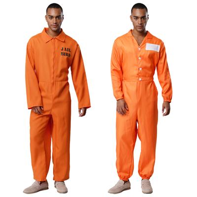 Unisex Adult Halloween Prisoner Cosplay Jumpsuit Lapel Long Sleeve One Piece Unitard Inmate Jail Uniform Costume