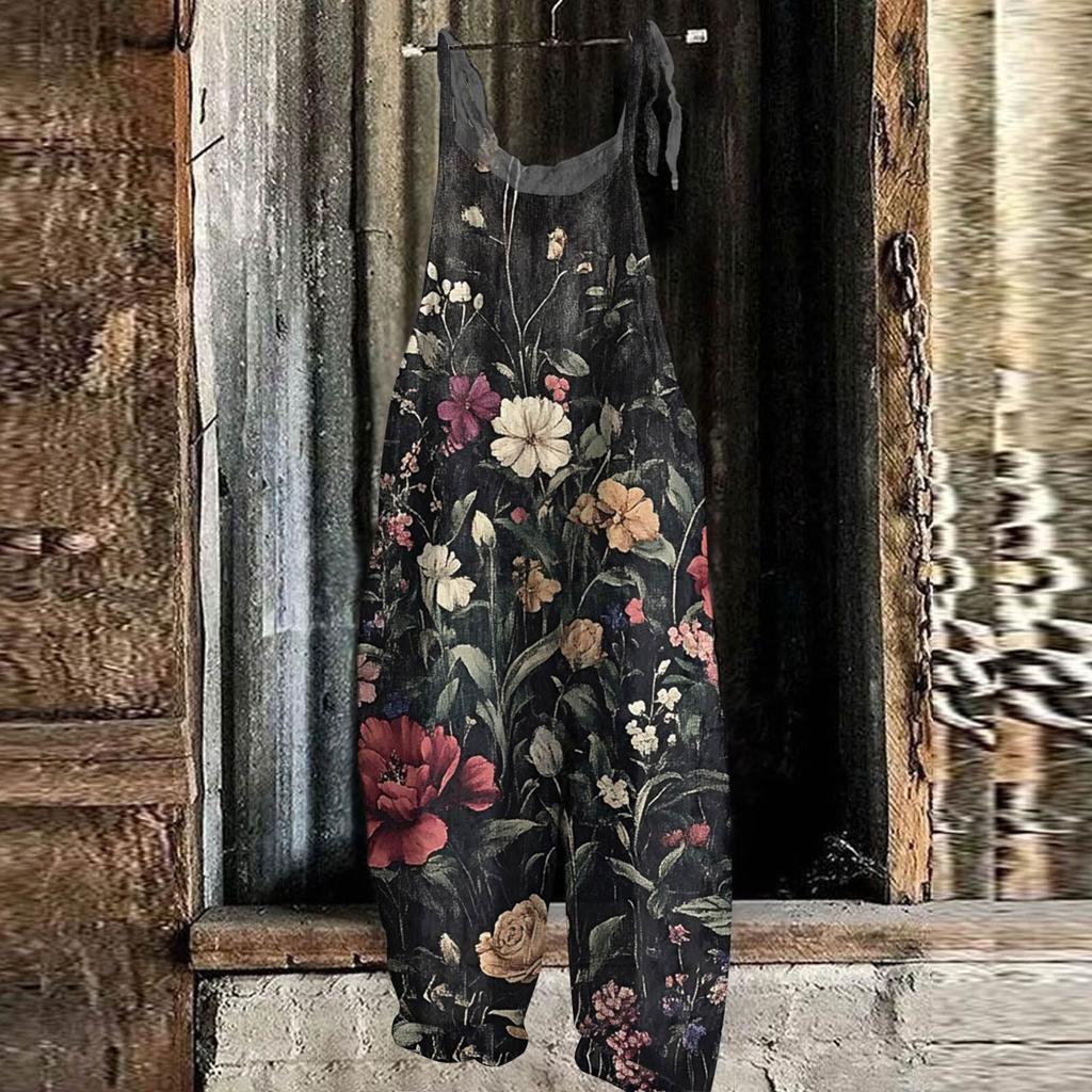 Women's Jumpsuit Floral Print Casual Loose Vintage Shoulder Strap Cotton Linen