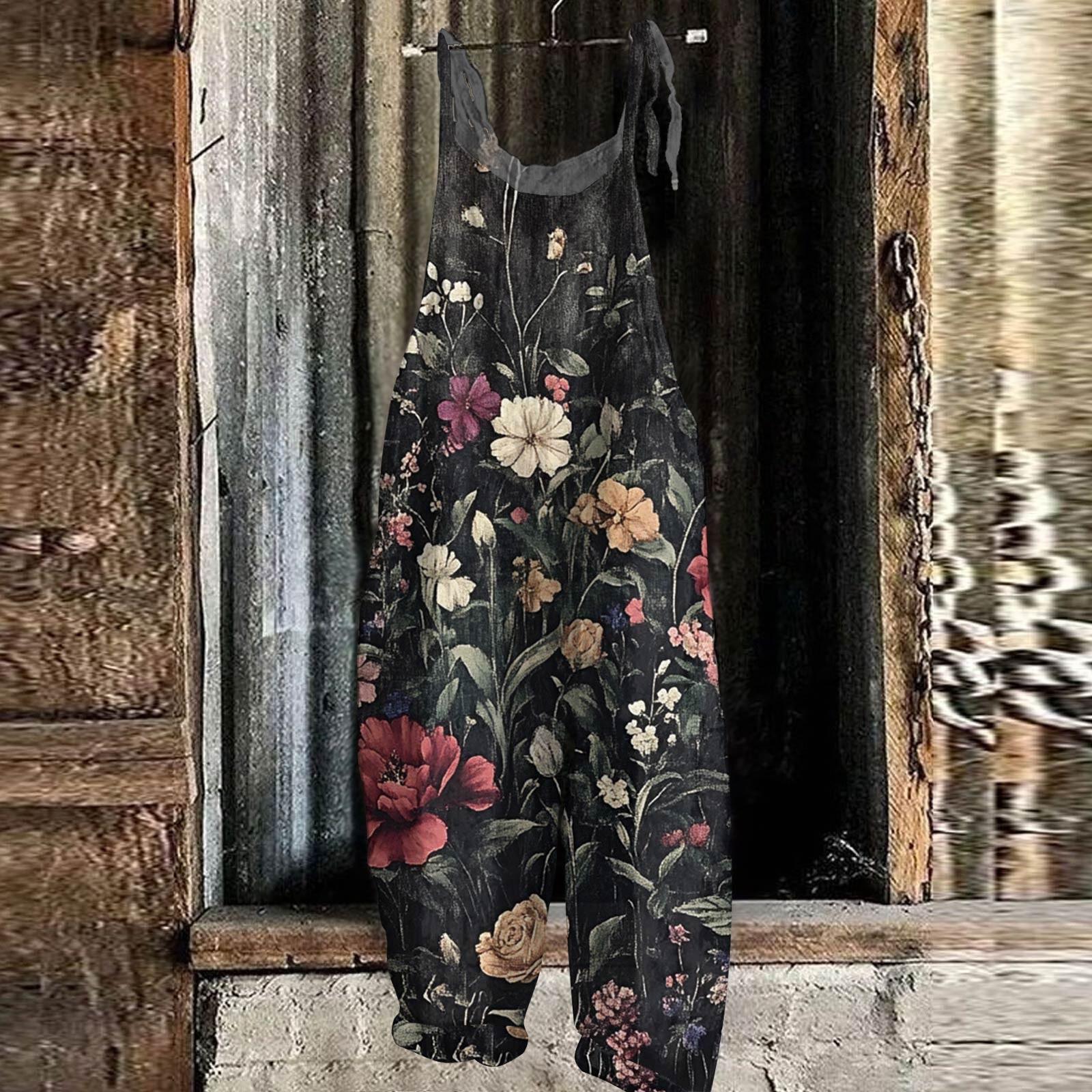 

Женский комбинезон с цветочным принтом, повседневный свободный винтажный комбинезон из хлопка и льна M чёрный