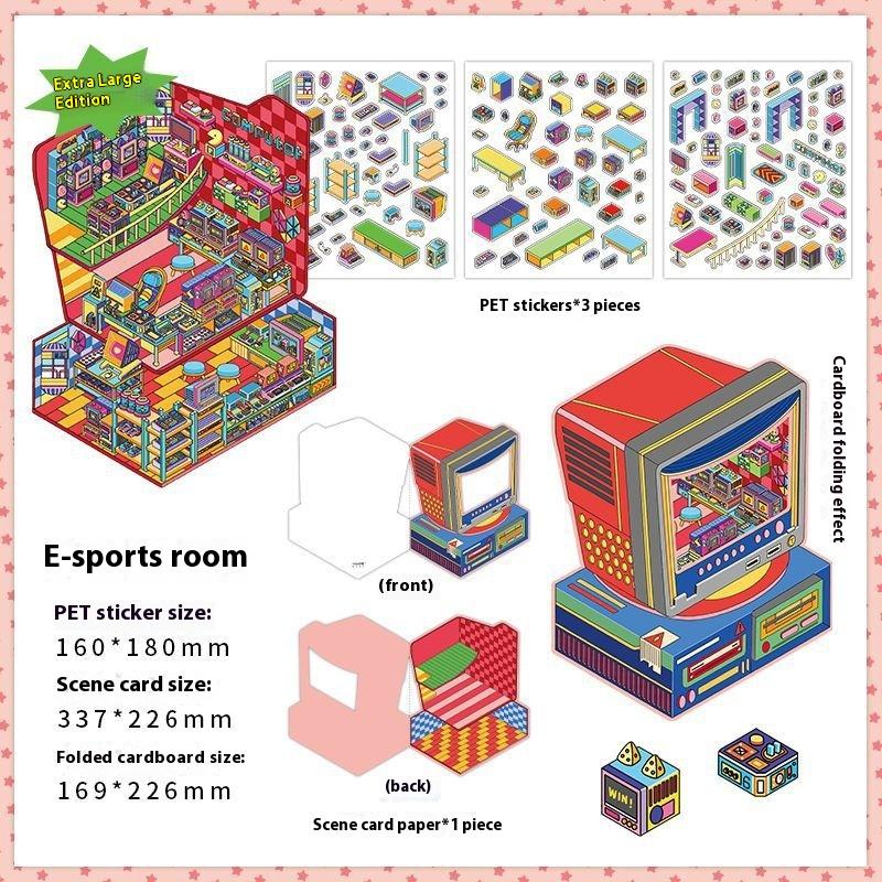 

Ретро Киберспортивная Комната Большого Размера Наклейка-Книжка Пейзаж Сделай Сам 3D Дофаминовый Цвет Кабина Миниатюрная Сцена Наклейка Подарок Для Ребенка