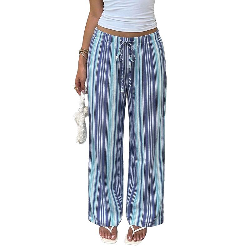 Sommer 2026 neu Amazon Europäisch und Amerikanisch grenzüberschreitend Straße trendig blaue gestreifte Schnürung locker weites Bein Hose Damen