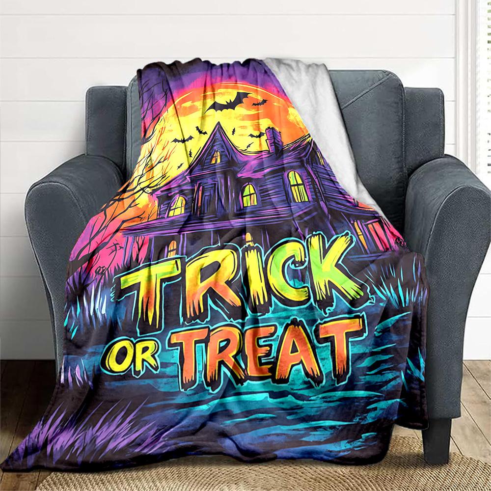 1pc Trick or Treat Blanket, Lightweight Flannel Fleece with Digital Printing, Soft Warm for Sofa, Travel, Camping, Office, Couch, Chair, and Bed, All-