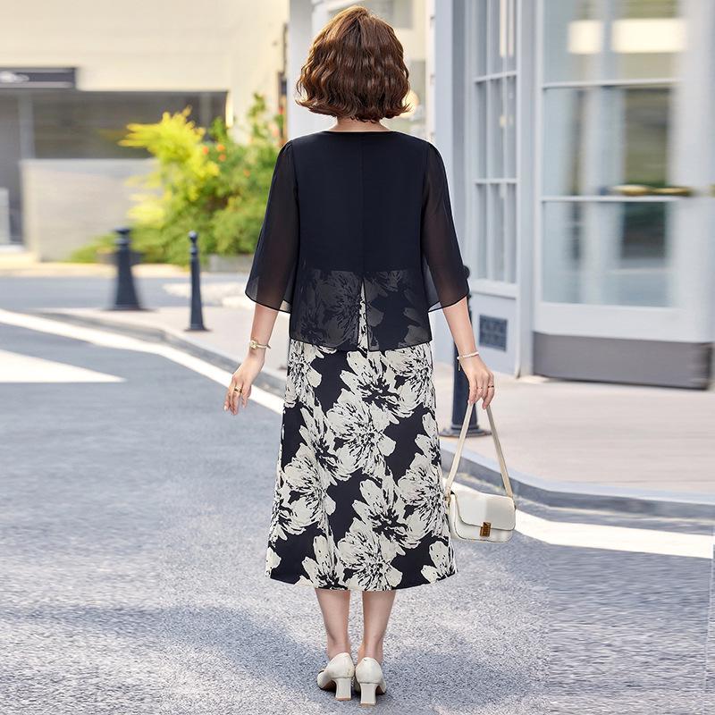 Elegant Summer Chiffon Dress Set for Middle-Aged & Elderly Women - Fashionable 2026 Two-Piece Outfit