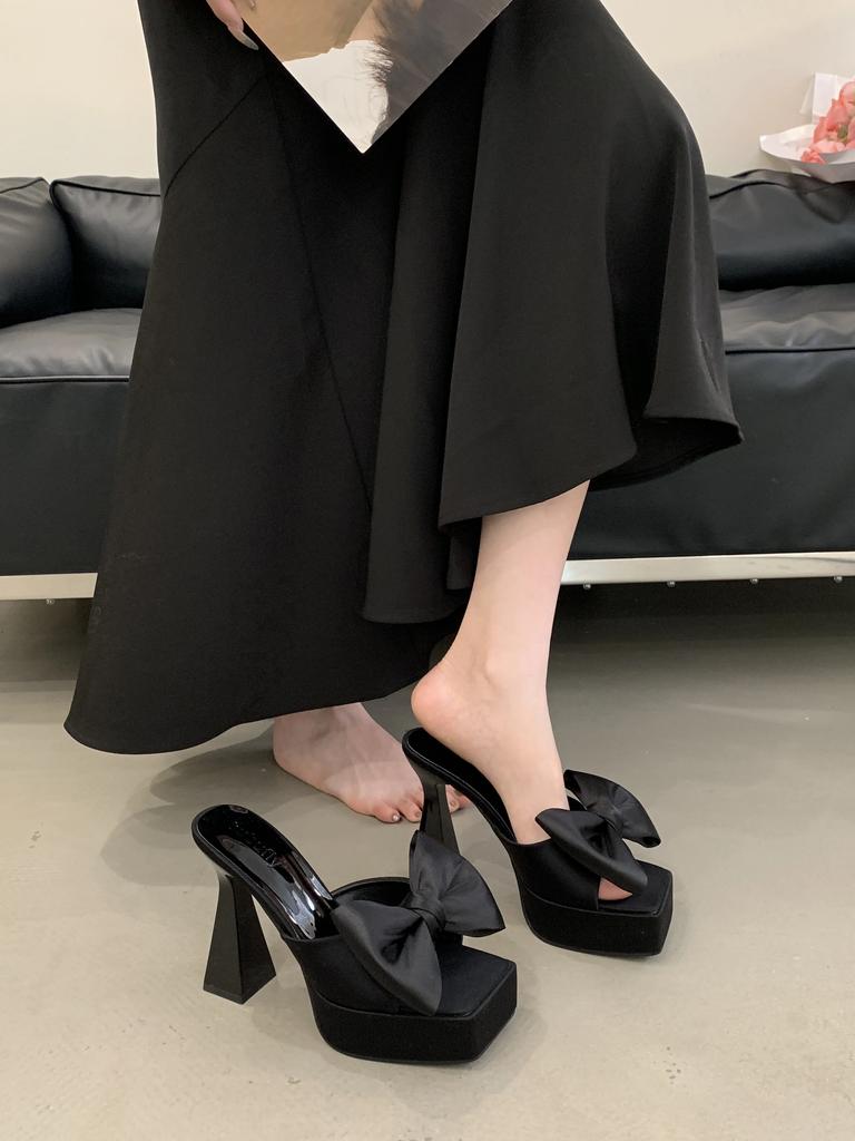 Summer Fashion Butterfly-knot Platform Slippers Women Square Toe Chunky Heels Shoes Party Dress Zapatos De Mujer