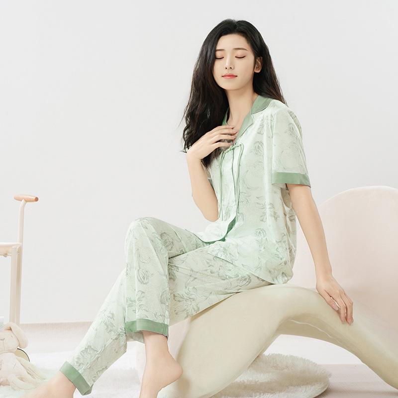Women's Summer Cotton Pajama Set - Fresh Lapel Cardigan Two-Piece for Indoor & Outdoor Wear