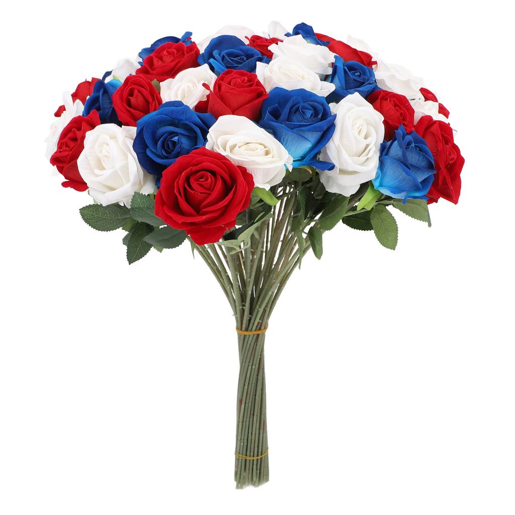 50-teiliges Set Künstliche Rosen Rot Blau Weiß Realistischer Rosenstrauß für Tischdekoration Gedenkfeier