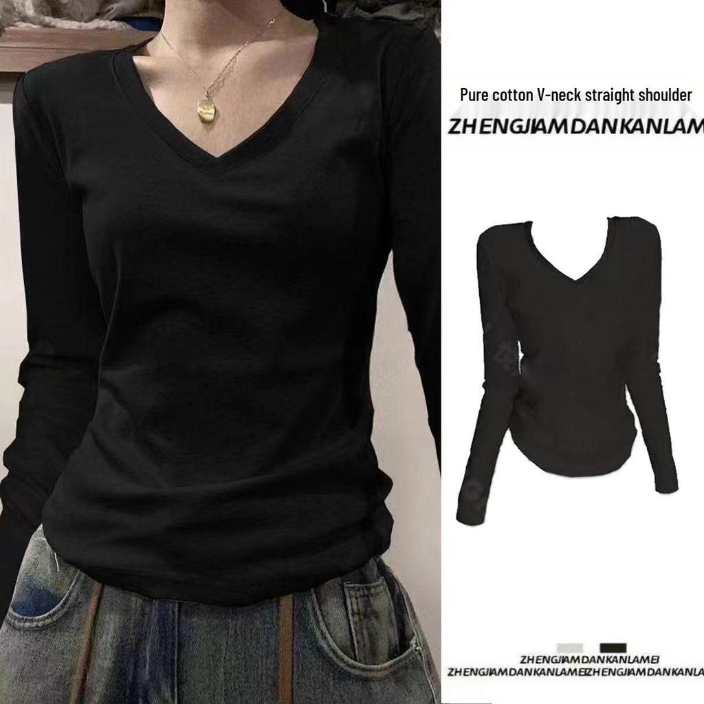 Niche Spring & Autumn Slimming Bodycon Long Sleeve Solid Top with Straight Shoulders - European & American Style