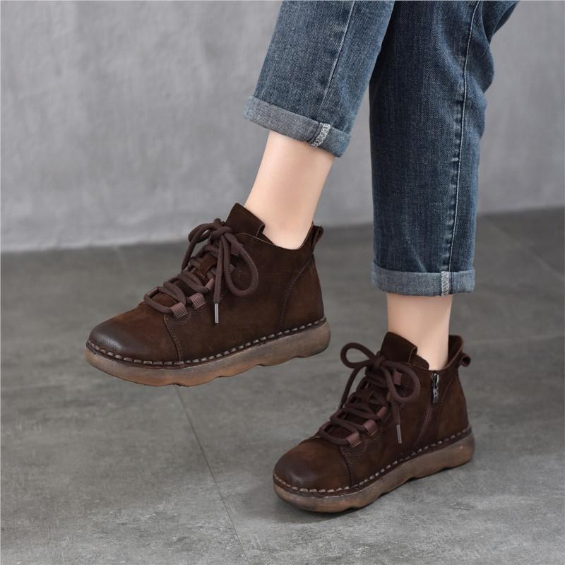 Johnature Genuine Leather Women's Shoes Soft Cowhide Round Toe Retro Soft Soled Flat Short Boots