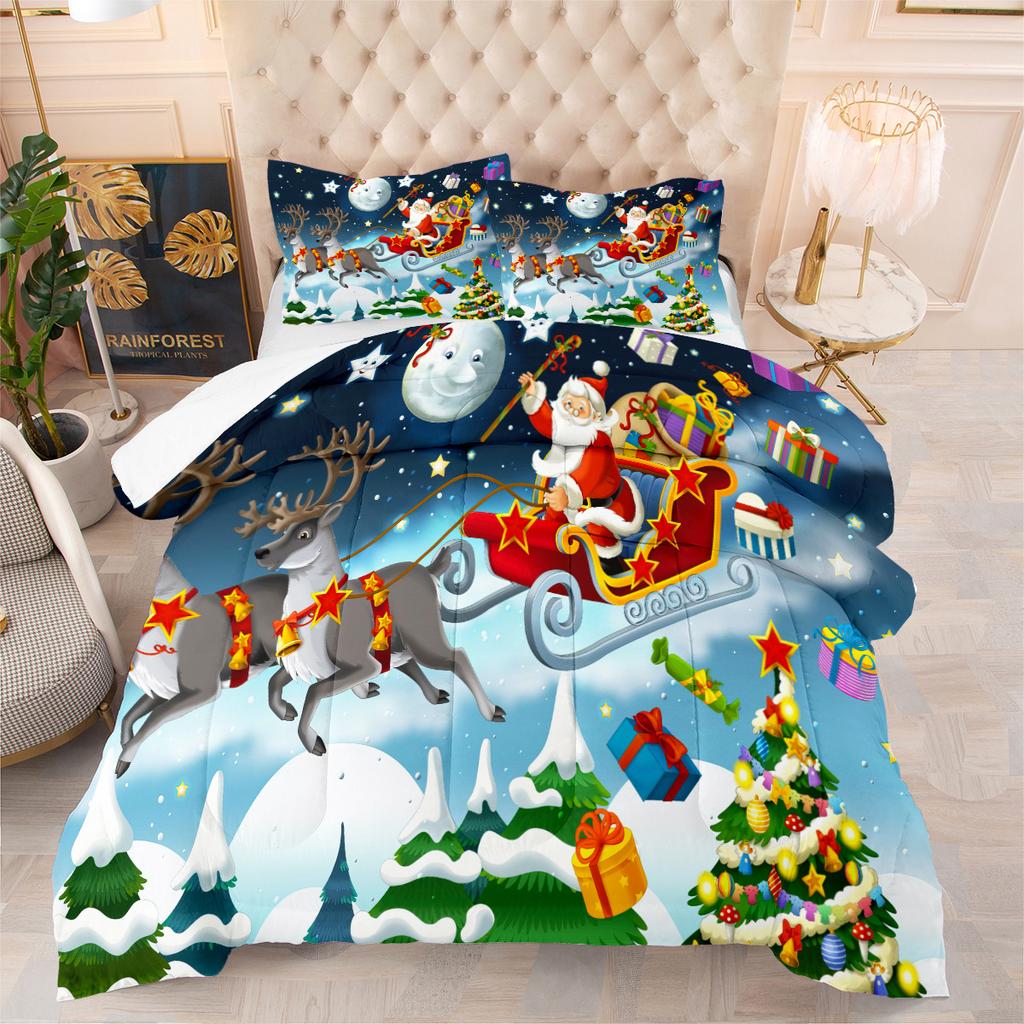 Quilt Fat Quilt 3d Digital Printing Christmas Feather Silk Cotton Quilt Cover Three-piece Set