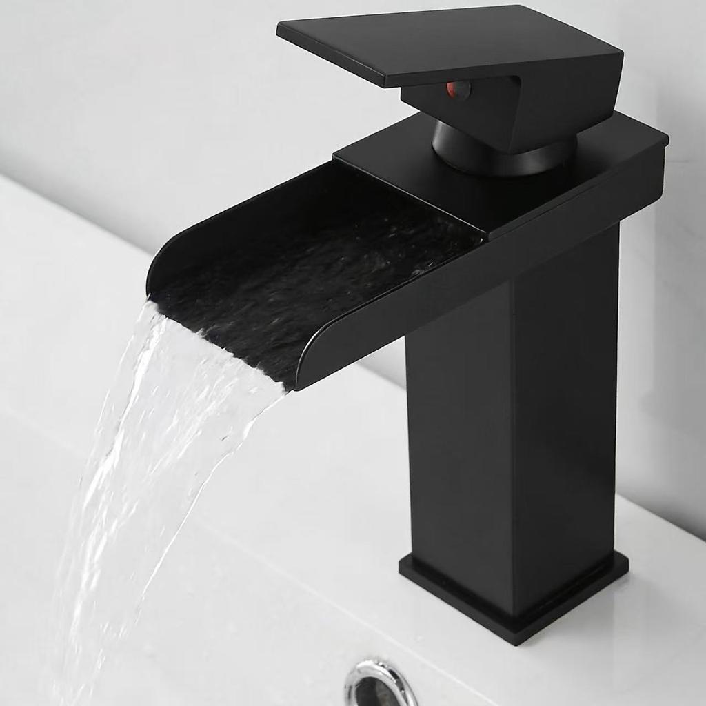 Black Modern Single Hole Waterfall Widespread Vessel Faucet Hot/Cold Mixer Creative Deck Bathroom Basin Vanity for Laundry Room