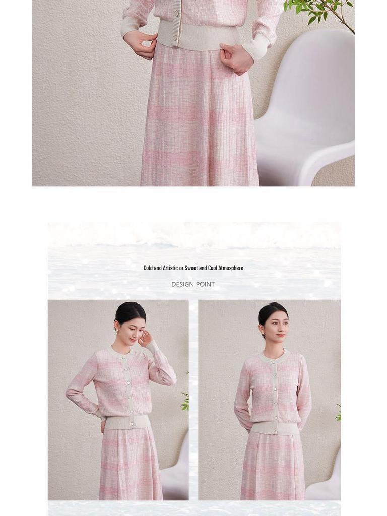 2025 Autumn/Winter Women's Retro Tencel Stripe Knit Top & Midi Skirt Set