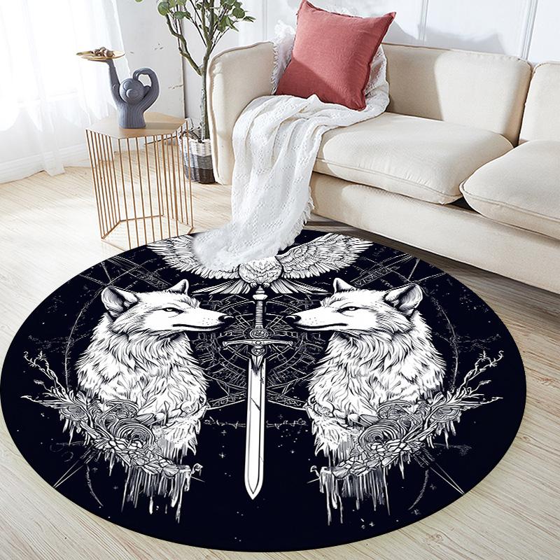 Black and White Wolf,Round Area Rug,Carpet Rug for Living Room Bedroom Sofa Playroom Decor,Non-slip Floor Mat