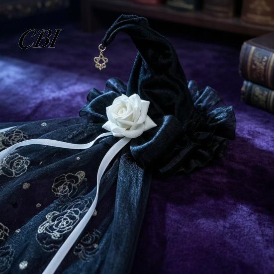 Halloween Night Essentials Witch Hat with Rose for Women, Gothic Vintage Mini Wizard Creative Props Headpiece Veil Costume, Dress Up, Masquerade Party