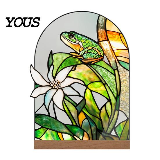 Stylish Interior Ornament Stained Glass Style Acrylic Table Centerpieces, Floral & Landscape Pattern Durable Desk Tabletop Sign with Wood Base
