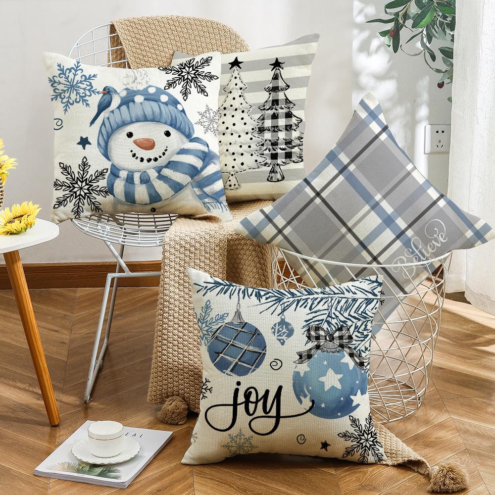 Blue Little Snowman Snowflake Element Festive Warm Atmosphere Pillowcase Linen Print Pillow Bedroom Bedside Mat