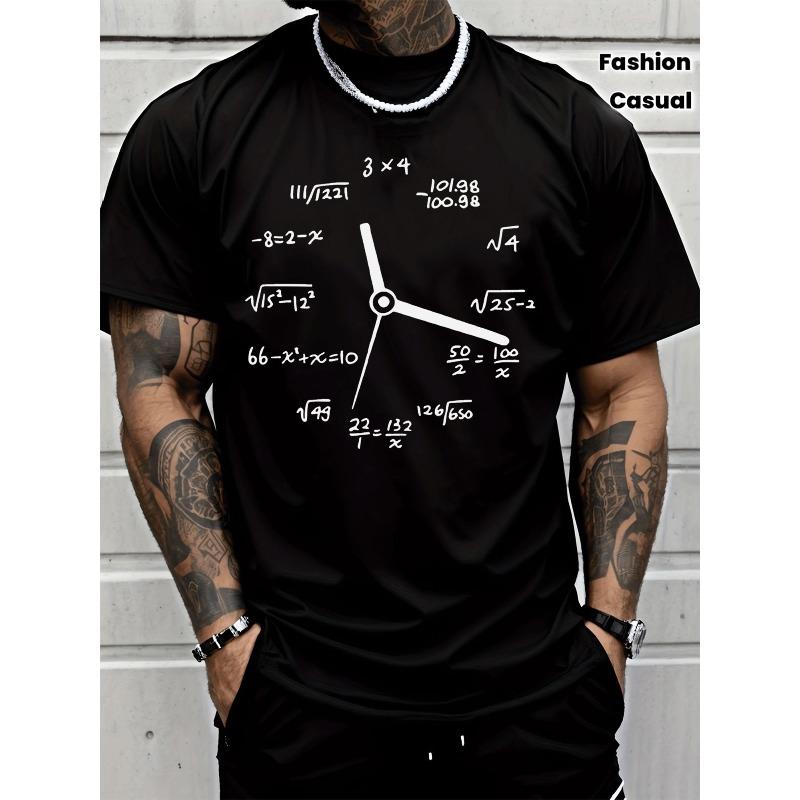 European Size Short Sleeve Men's Fashion Casual Trendy Street Style Graphic T Shirt with Clock Design Math Equations Formulas Numbers Symbols Pattern