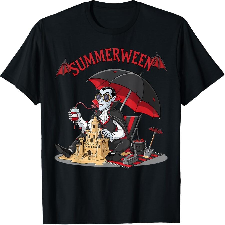 Summerween Vampire Beach Dracula Sandcastle Gothic Halloween T-Shirt S