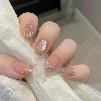 24 Pcs French Tip Press On Nail Short False Nail Cats Eye Stick On Nail Pearls Flowers Acrylic Nail for Party