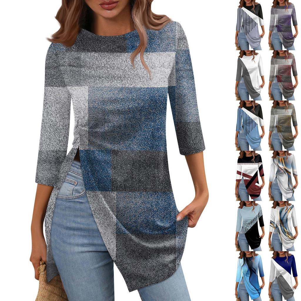 Women's Fashion Casual Split Hem T Shirt Round Neck  3/4 Sleeve  Short Sleeve