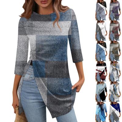 T-shirt Décontracté Mode Femme Ourlet Fendu Col Rond Manches 3/4 Manches Courtes