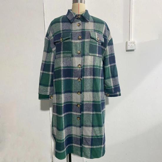 Autumn Winter Lady Coat Shirt Type Plaid Print Single-breasted Turn-down Collar with Chest Pockets Slit Hem Loose Mid Length Daily