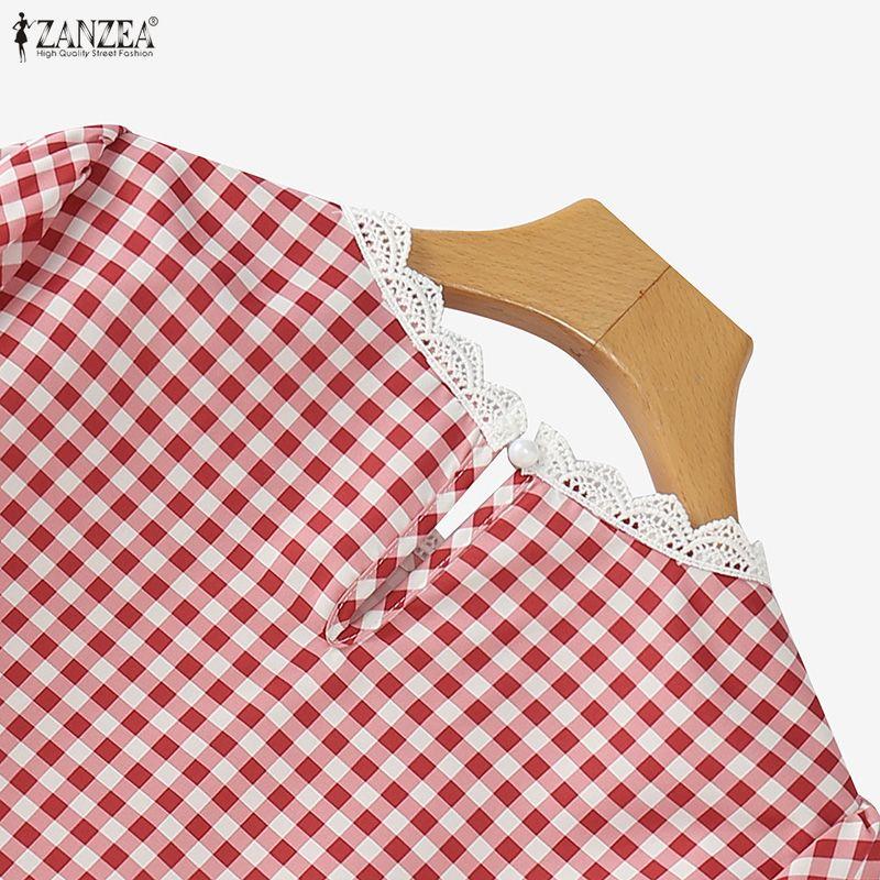 ZANZEA Women Grid Print Casual Round Neck Half Sleeve Blouse