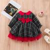 European & American Christmas Plaid Dress for Baby Girls - Cute Peter Pan Collar Long-Sleeve Mesh Princess Dress