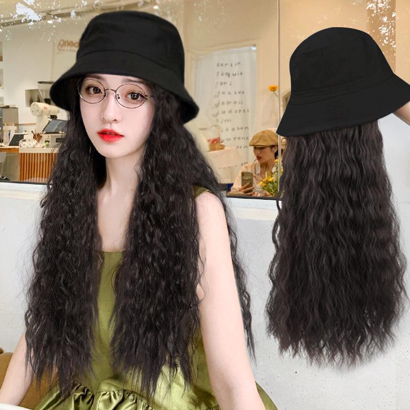 Chapéu Peruca Feminino: Chapéu Balde de Cabelo Liso Longo com Opção de Ondas Cacheadas para Início do Outono