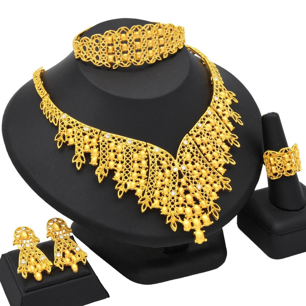 24K Gold-Plated Bridal Jewelry Set: Necklace & Earrings, Middle Eastern Wedding Style, Dubai Four-Piece Set