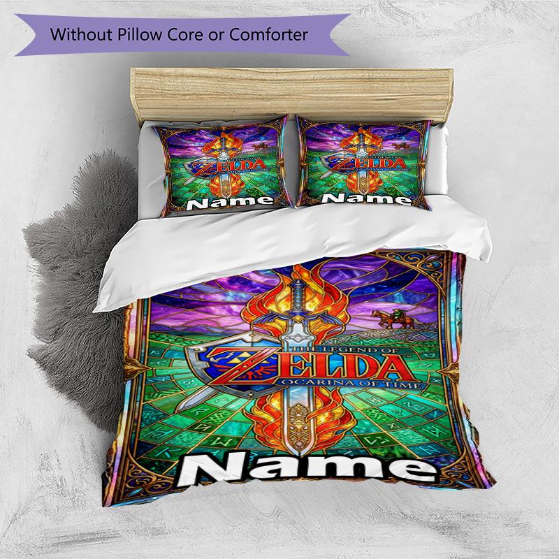 3pcs Duvet Cover Set (1*Duvet Cover + 2*Pillowcase, Without Core), Custom Name The Legend of Zelda Pattern Bedding Set, Home Bedroom Decor Gift