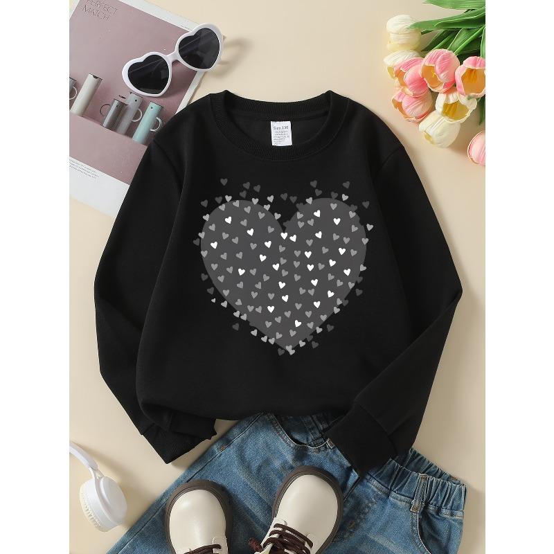 Girls Soft Crewneck SweatshirtBlack Heart Pattern with Small Hearts with Cute Creative Print, Casual All-Match for Fall Winter, Ideal Holiday Present