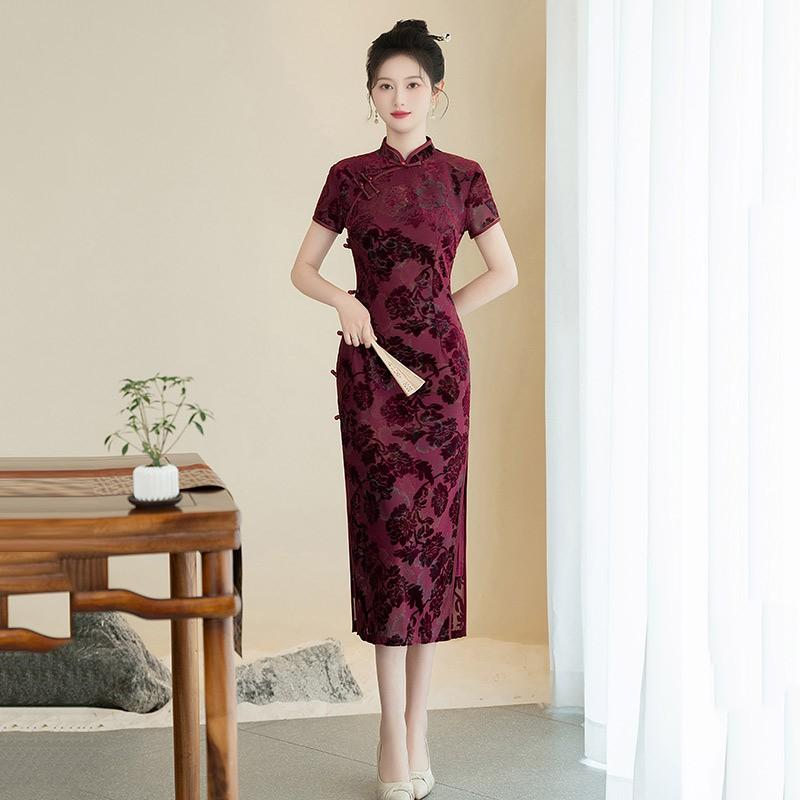LongChinese-style Qipao Dress Women Vintage Fit Short Sleeve Daily Wear With Stand Collar Side Slit