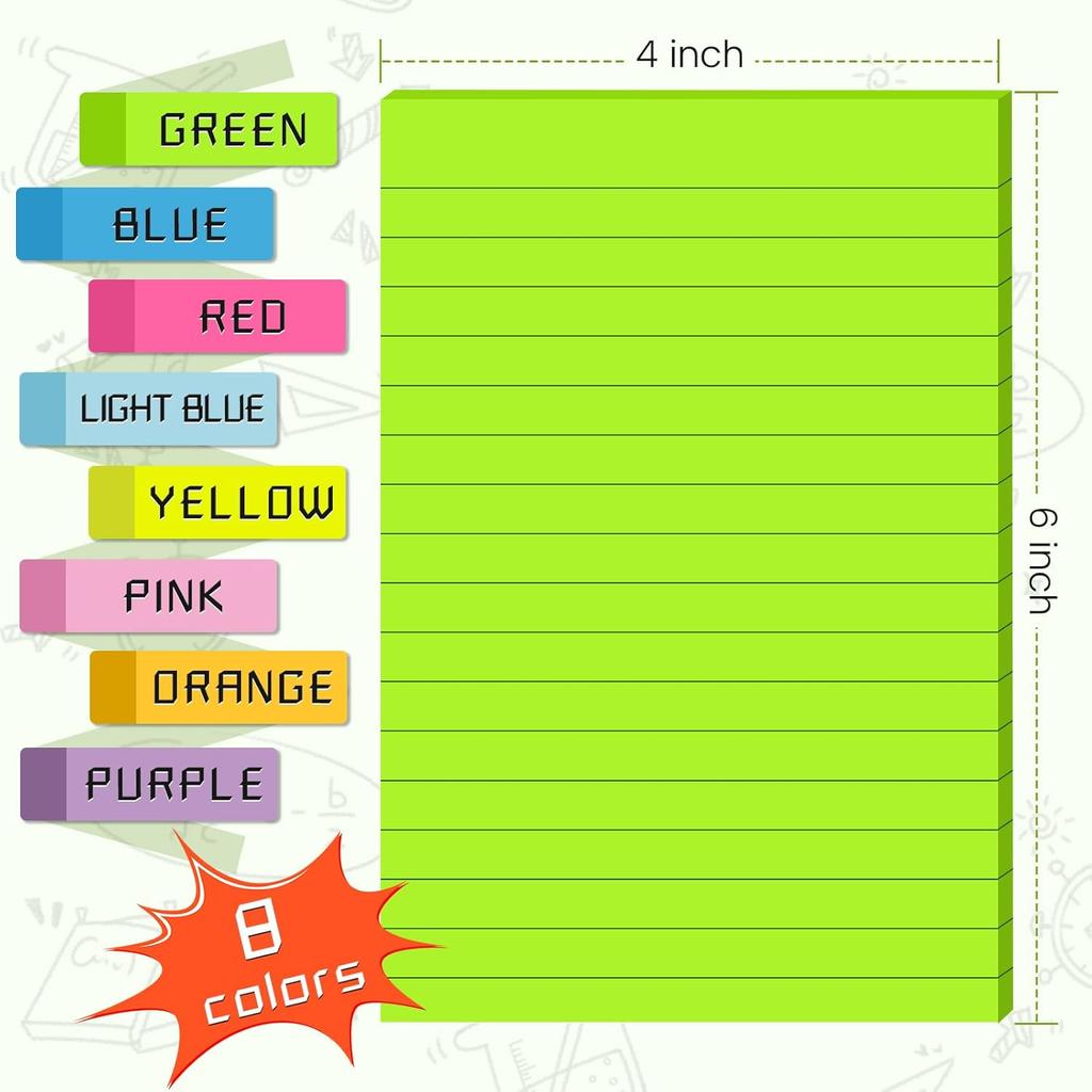 (8 Pads) Lined Sticky Notes 4x6 in Post, 8 Colors Self Sticky Notes Pad Its, Bright Post Stickies Colorful Big Rectangular Sticky Notes for Office,