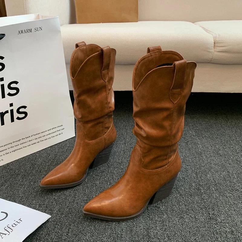Cizme cu toc înalt pentru femei, toamnă, iarnă, maro, piele PU, occidentale, pentru femei, cu toc gros, Cowgirl Botas Mujer