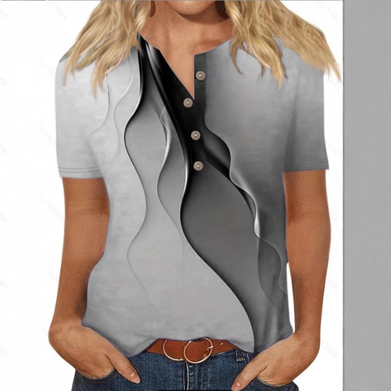 

Round Collar Printed Open Button Short-sleeved T-shirt 4XL серый
