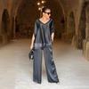 Women's Two Piece Set Pants Spring/Autumn Satin Loose V-Neck Casual Top Wide Leg Pants Fashion Set