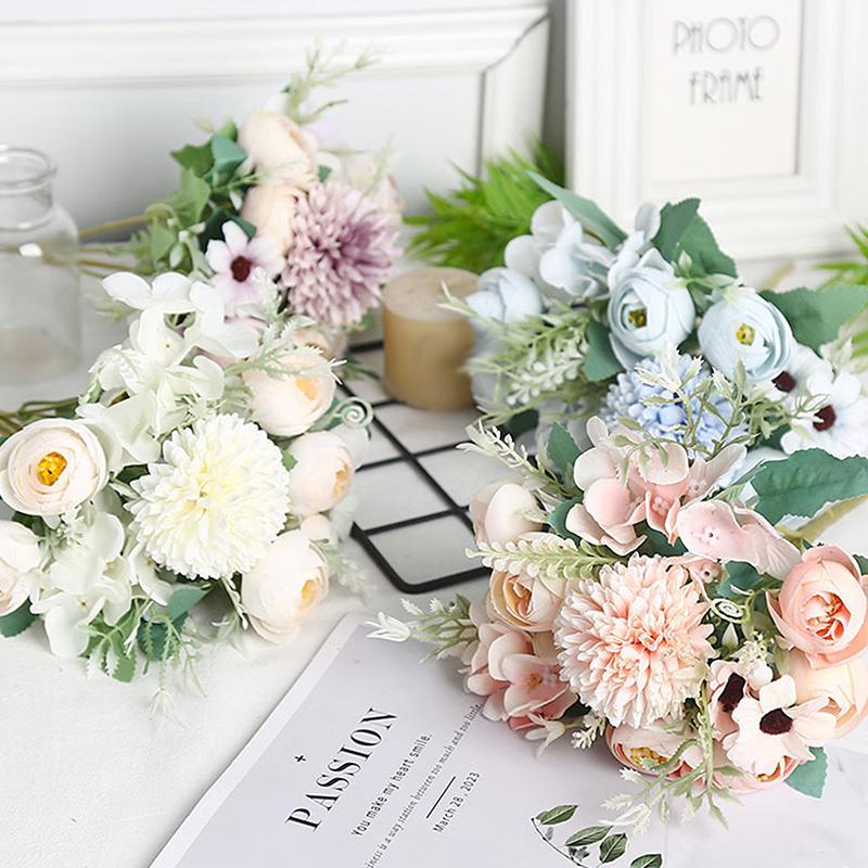 1Pc Artificial Flowers Wedding Home Bedroom Decoration Bridal Bouquet Garden Fake Silk Roses Hydrangeas Vase For Board Outdoors